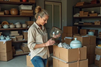 Femme triant des objets dans un garage lors d'un vide-grenier ou débarras maison