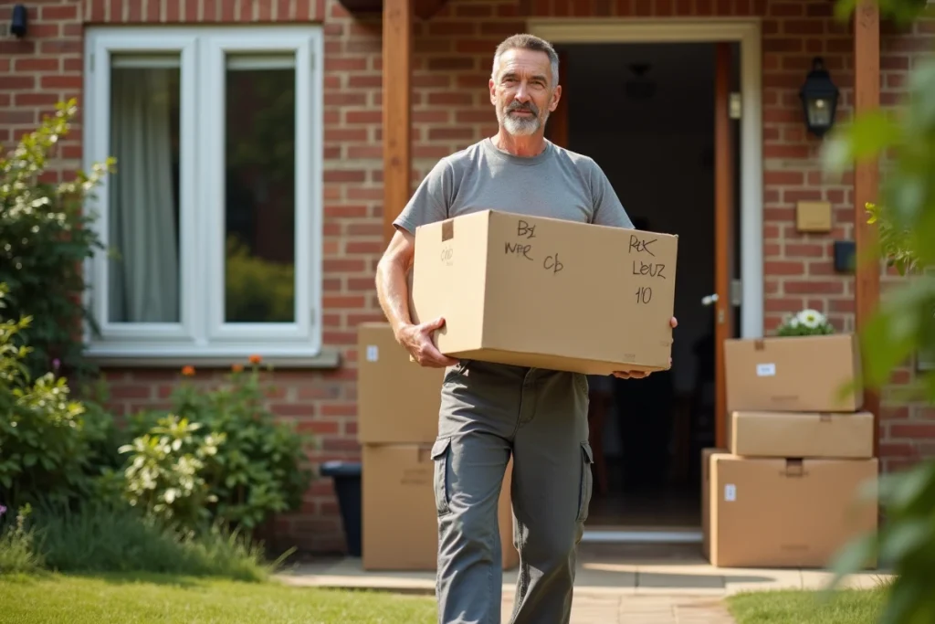 Homme débarrassant une maison en sortant des cartons étiquetés sur le perron