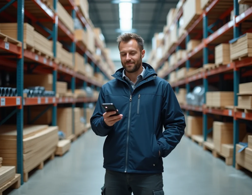 Client vérifiant les horaires de Leroy Merlin un jour férié depuis son smartphone dans un rayon du magasin