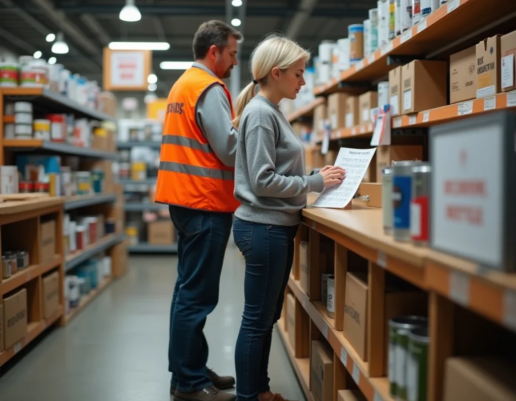 Cliente consultant les horaires du dimanche auprès d'un employé Leroy Merlin au comptoir d'accueil