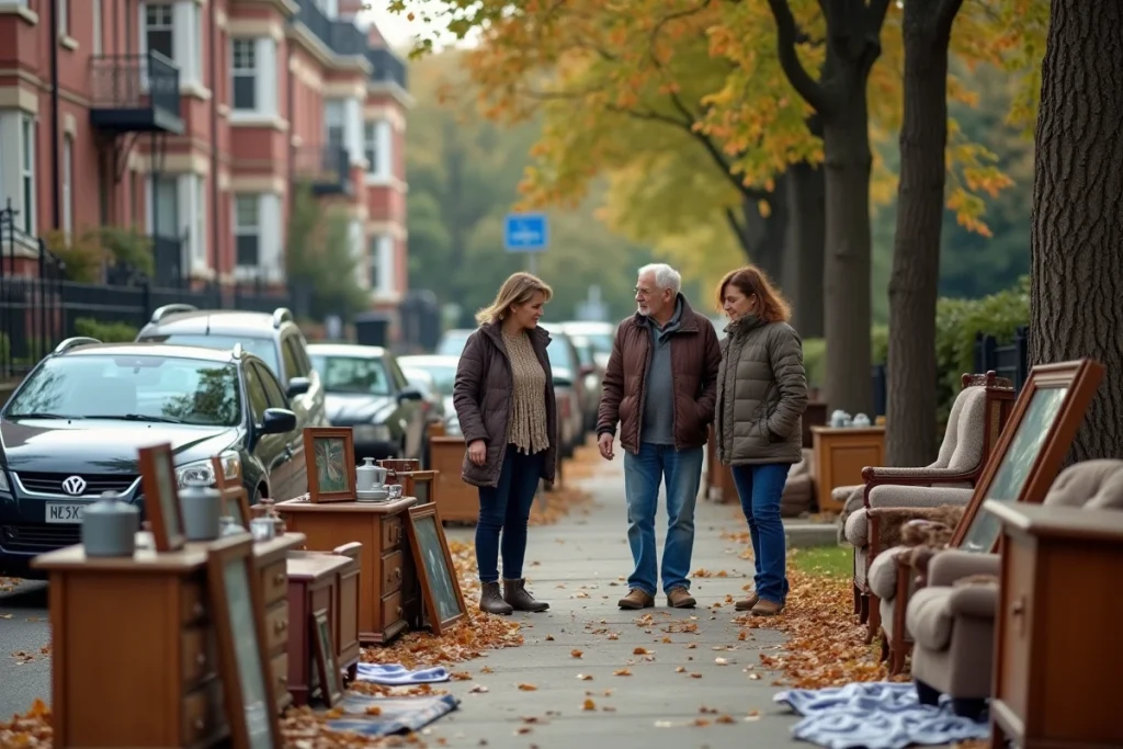 Voisins examinant des objets lors d'un vide-grenier de rue en automne