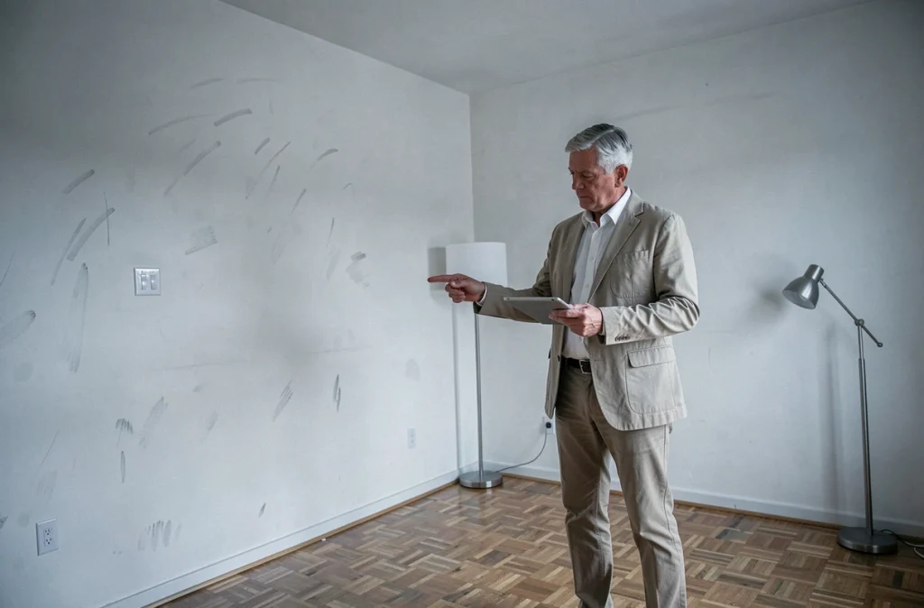 Agent immobilier inspectant les installations électriques d'un appartement vide lors de l'état des lieux de sortie