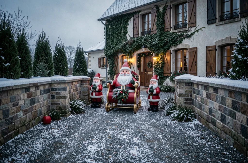 Allée de maison de campagne décorée avec plusieurs pères Noël extérieurs et un traineau en crépuscule hivernal