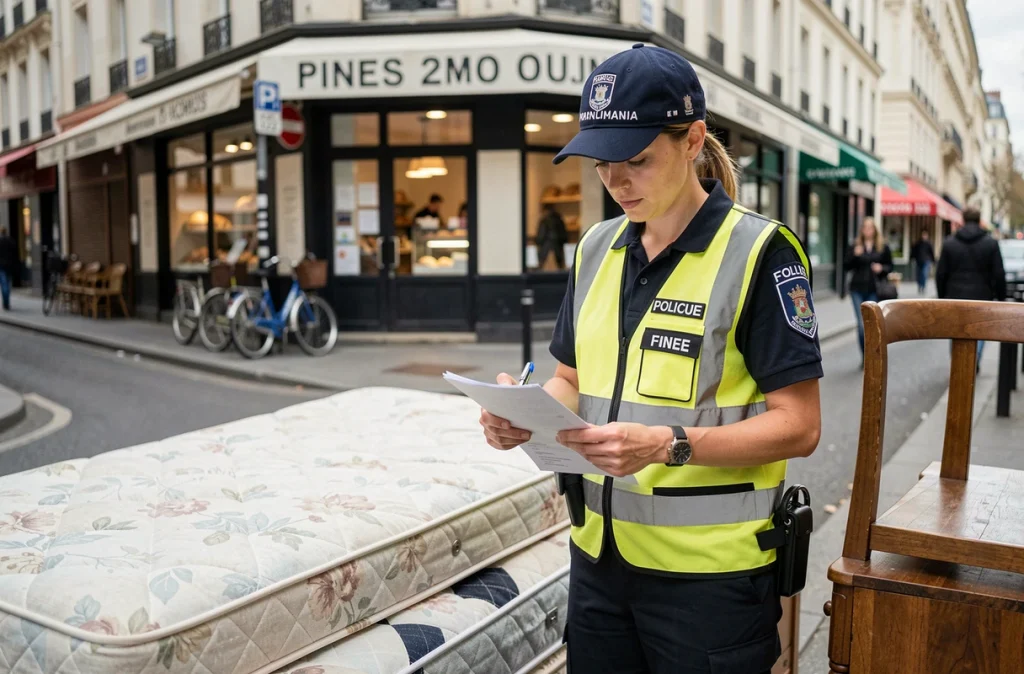Agente municipale rédigeant une amende pour dépôt d'encombrants illégal sur un trottoir du 15e arrondissement de Paris