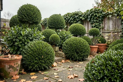 Allée de jardin structurée par des arbustes persistants en automne avec bordures en pierre et photinias