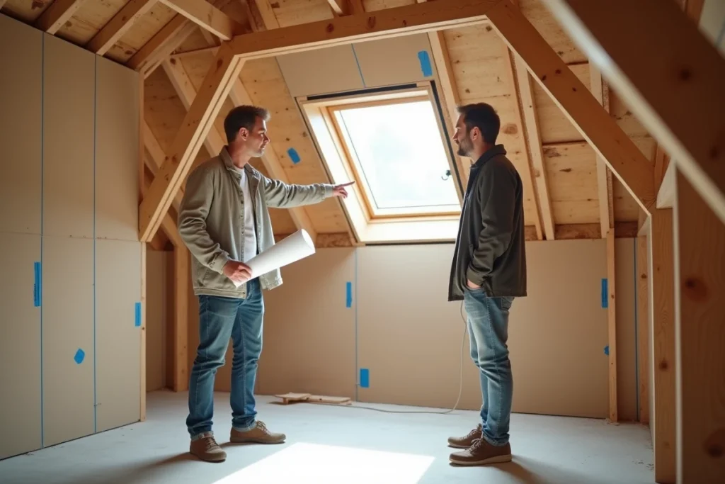 Architecte et propriétaire examinant les plans d'une surélévation en cours d'aménagement dans les combles