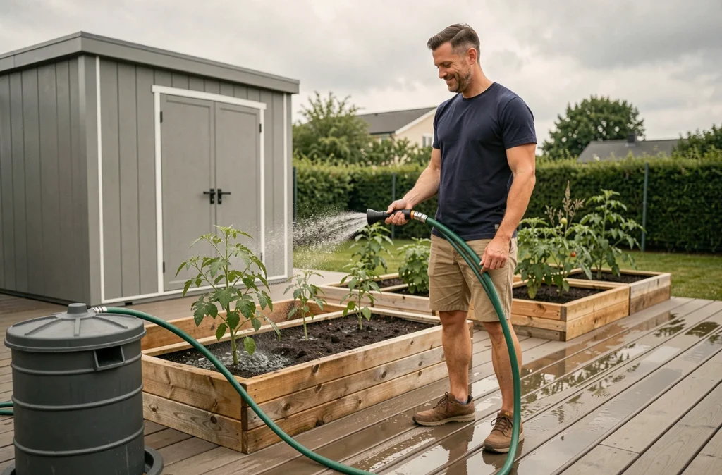 Homme arrosant des plants de tomates grâce à un système de récupération d'eau de pluie enterré