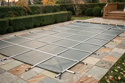 Piscine résidentielle entièrement protégée par une bâche à barres rigide grise dans un jardin soigné en automne