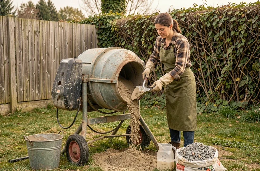 Femme préparant du béton fait maison avec une bétonnière électrique dans un jardin