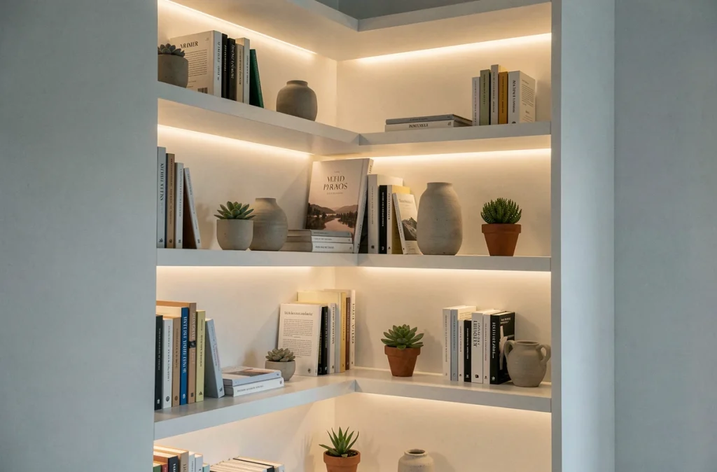 Bibliothèque encastrée avec éclairage indirect sous chaque étagère dans un salon scandinave minimaliste