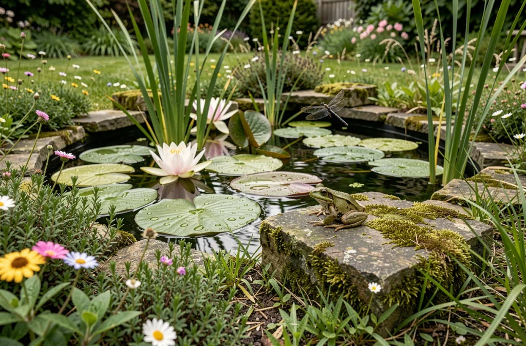 Grenouille posée sur une pierre moussue au bord d'une mare naturelle entourée de plantes aquatiques et de libellules dans un jardin