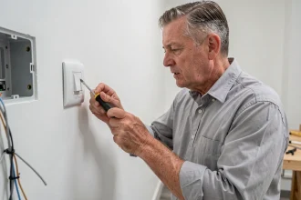 Électricien amateur branchant un bouton poussoir Legrand sur une plaque murale blanche dans un couloir moderne