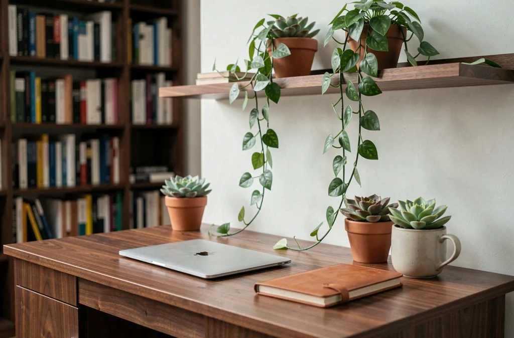 Bureau à domicile décoré de plantes artificielles en pots en terre cuite sur un bureau en noyer au style mid-century modern