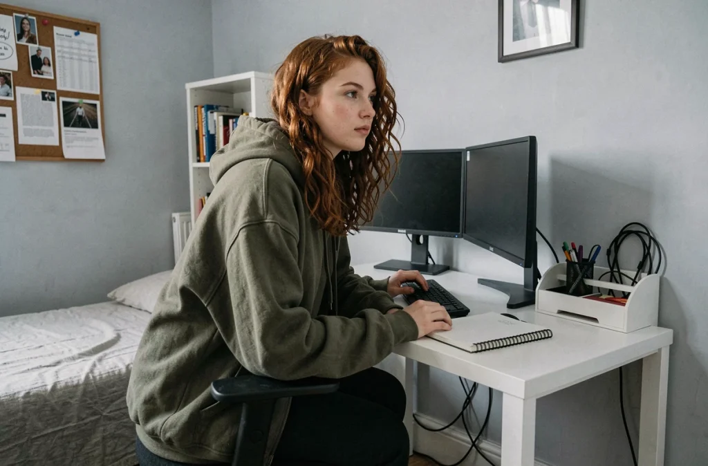 Espace bureau étudiant installé dans un coin de chambre avec double écran, rangements simples et bureau d'angle blanc