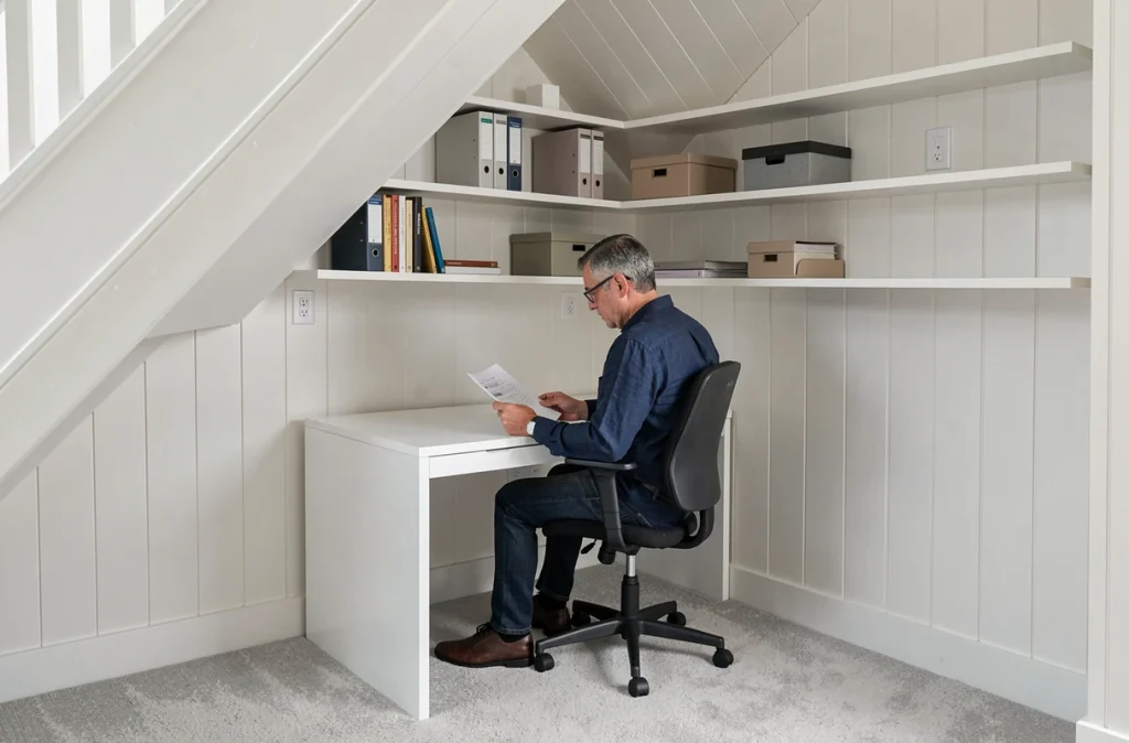 Bureau fonctionnel aménagé sous un escalier dans une maison moderne avec rangements intégrés et espace optimisé