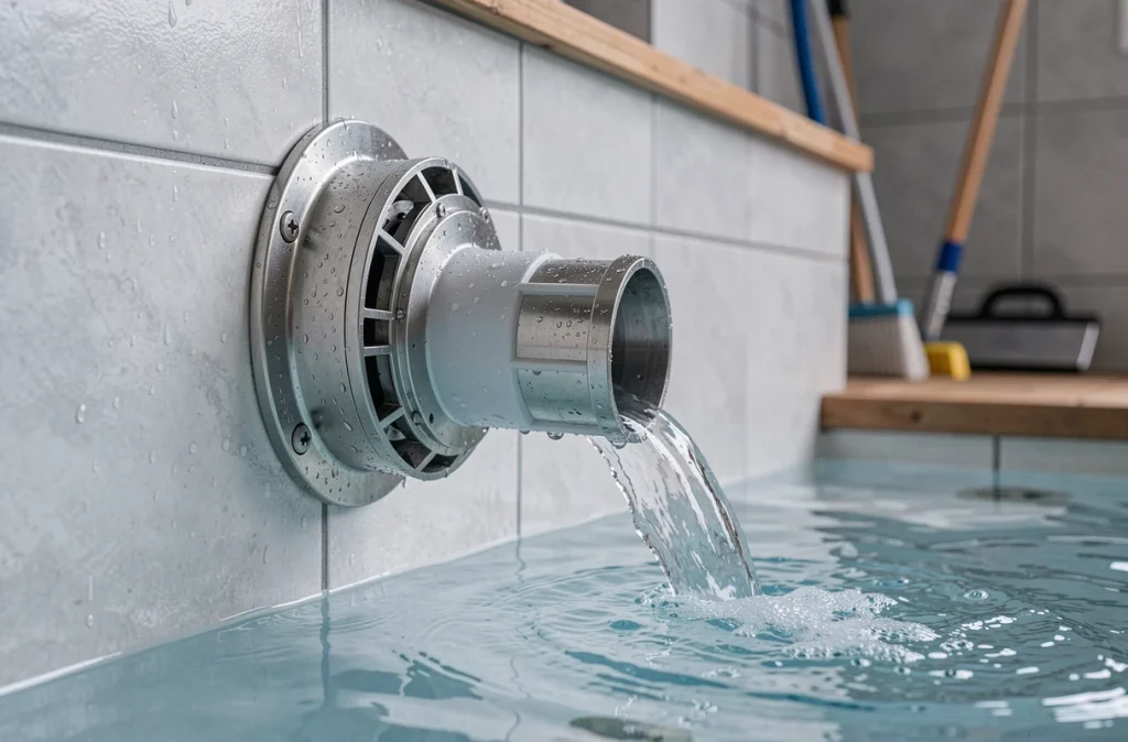 Gros plan sur une buse de nage à contre-courant installée dans la paroi carrelée d'une piscine intérieure