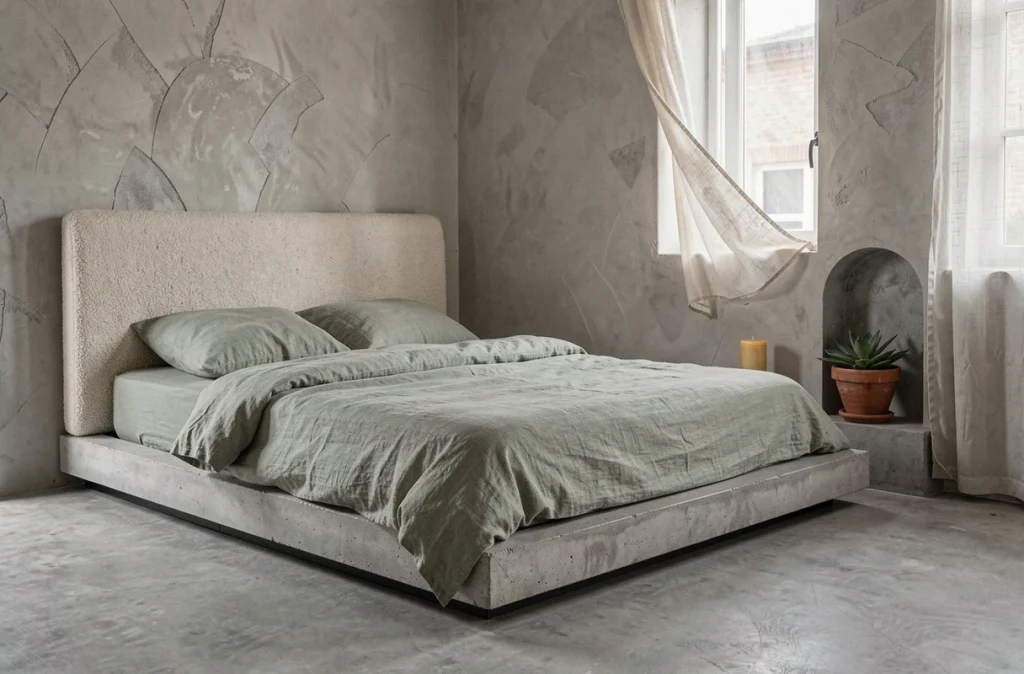 Chambre minimaliste avec literie en lin lavé vert sauge, tête de lit en bouclé et niche en béton brut avec bougie en cire d'abeille, illustrant l'authenticité des matières naturelles
