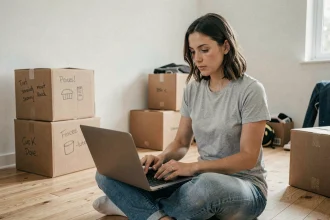 Femme assise sur le sol d'un appartement en cours d'emménagement, remplissant un formulaire en ligne pour changer d'abonnement EDF sur son ordinateur portable, entourée de cartons.