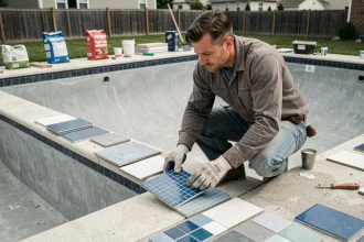 Installateur de piscine comparant des échantillons de carrelage au bord d'une piscine vide en construction