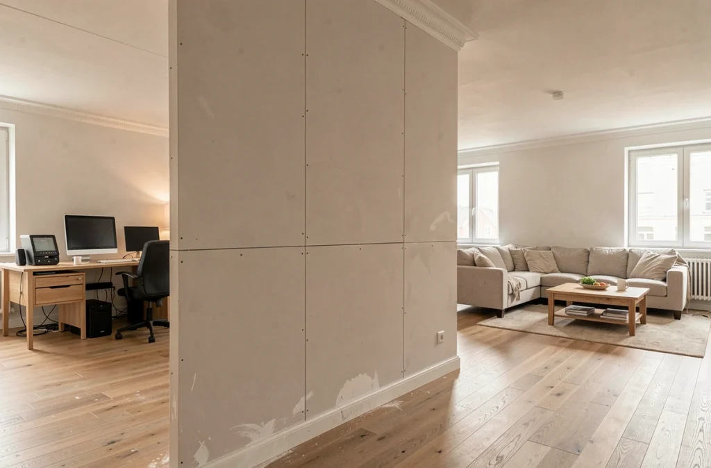 Cloison en placo terminée divisant un grand appartement en deux espaces de vie distincts
