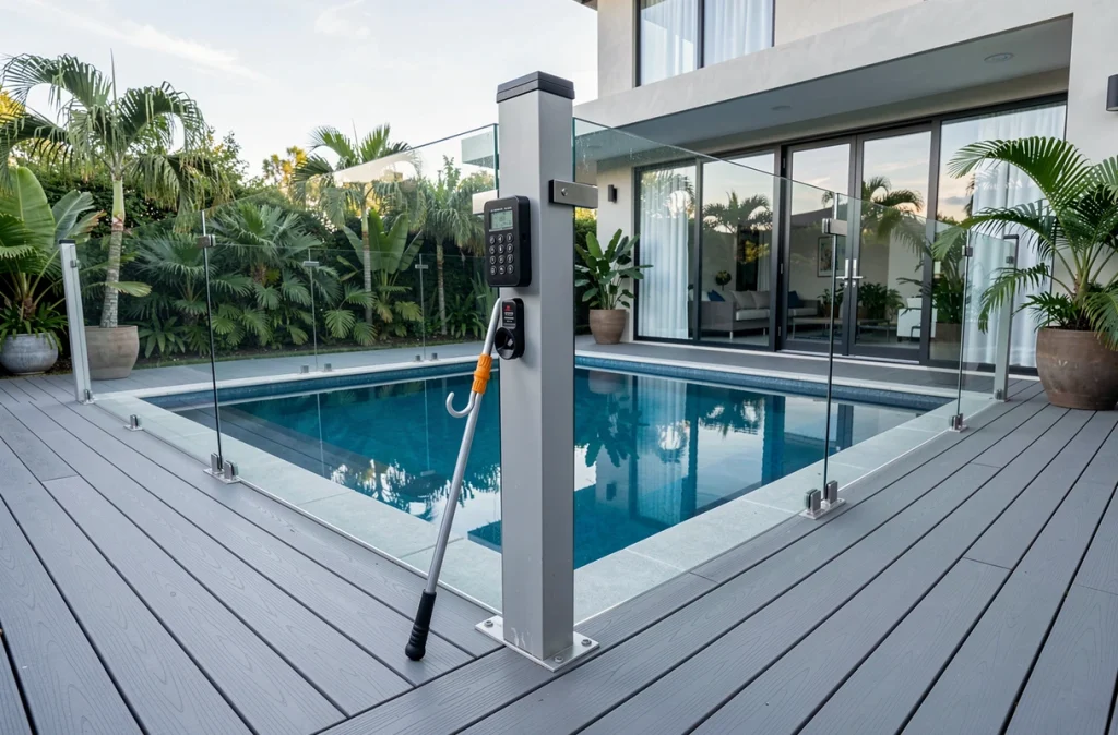 Clôture en verre sécurisée avec portail à code autour d'une piscine résidentielle moderne
