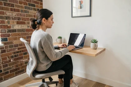Coin bureau compact et fonctionnel installé dans un appartement urbain avec bureau flottant en bois, laptop et décoration minimaliste