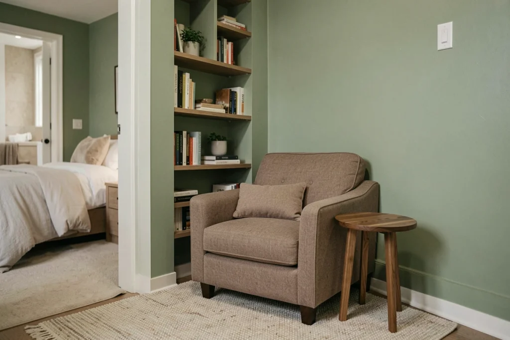 Coin lecture aménagé dans une petite suite parentale avec fauteuil taupe, étagère encastrée et tapis en laine