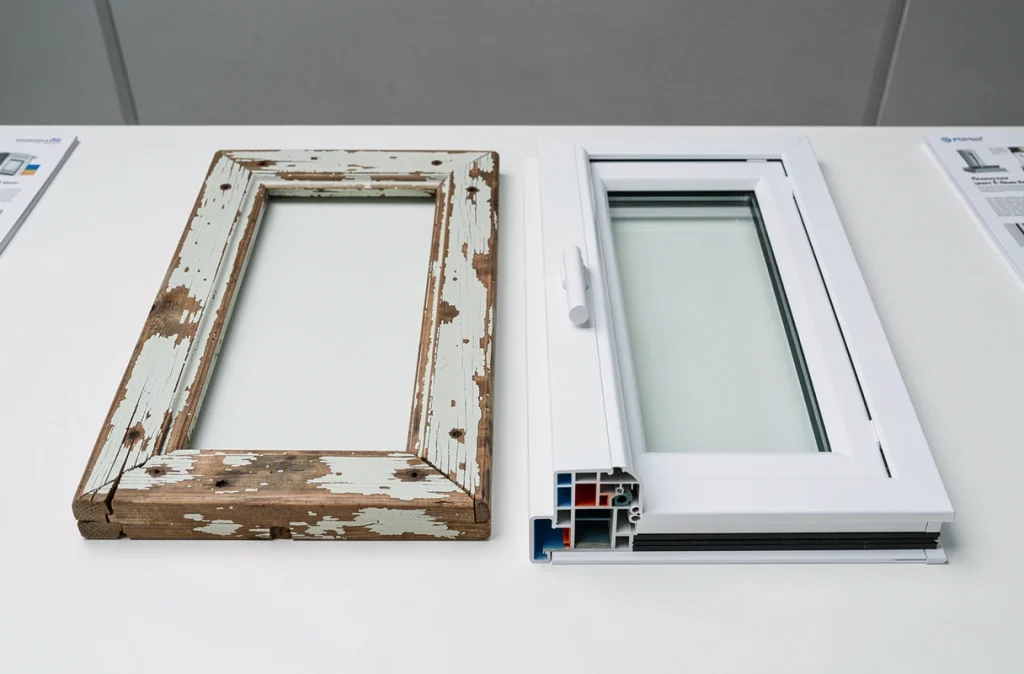 Comparaison côte à côte d'un ancien cadre de fenêtre en bois dégradé et d'un nouveau châssis en PVC à double vitrage pour l'isolation thermique