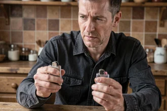 Homme comparant un briquet à essence et un briquet à gaz dans une cuisine rustique