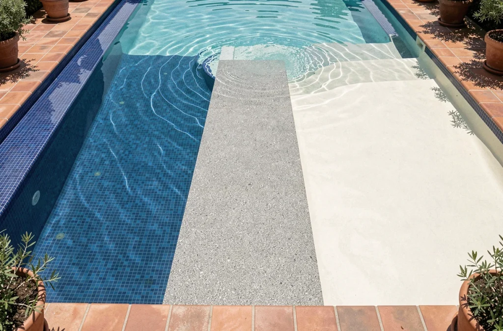 Vue aérienne des différents revêtements du fond de piscine immergés sous l'eau claire