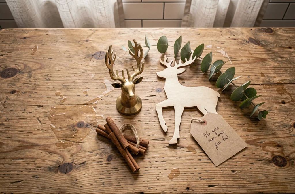 Composition à plat de décorations de Noël sur mesure avec des figurines de renne en laiton et en bois, bâtons de cannelle, eucalyptus et étiquette kraft sur une table en chêne rustique