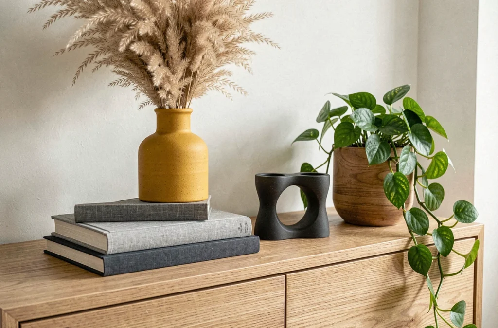 Composition décorative sur meuble de salon avec palette jaune moutarde, gris anthracite et chêne naturel