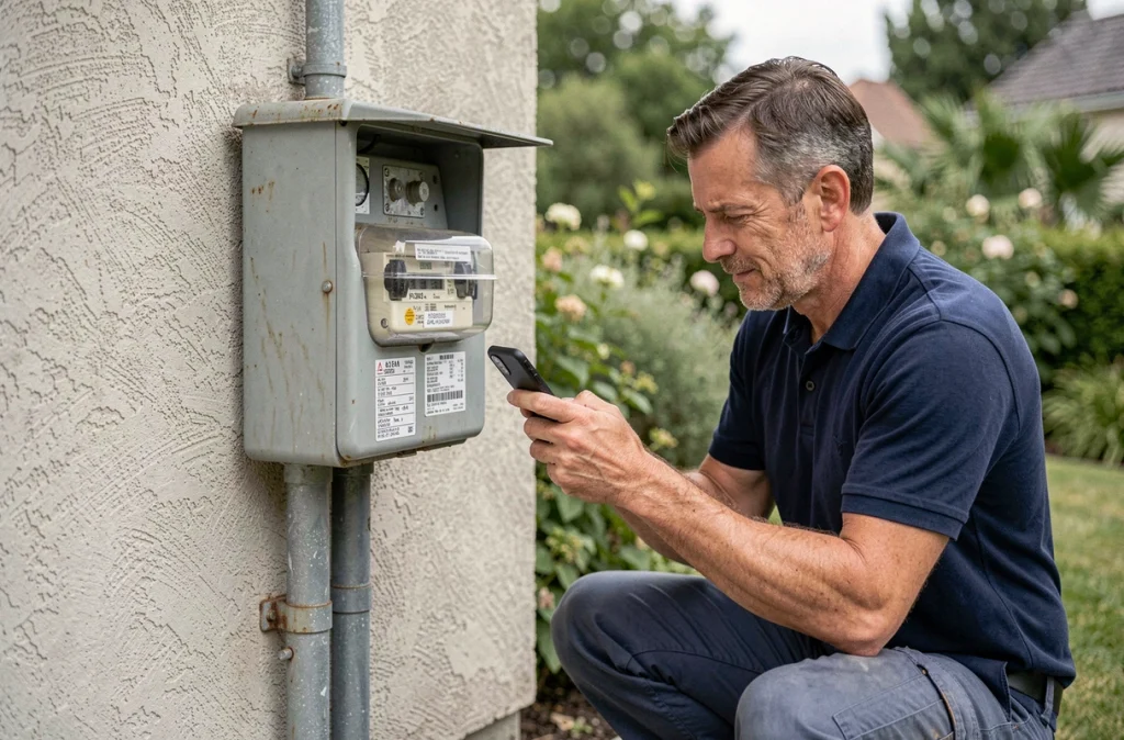 Homme photographiant le compteur électrique extérieur d'une maison avant un déménagement