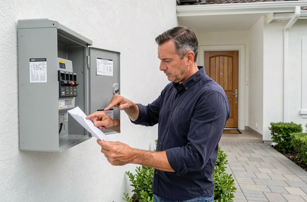 Propriétaire consultant son compteur électrique lors d'un transfert de contrat à une nouvelle adresse