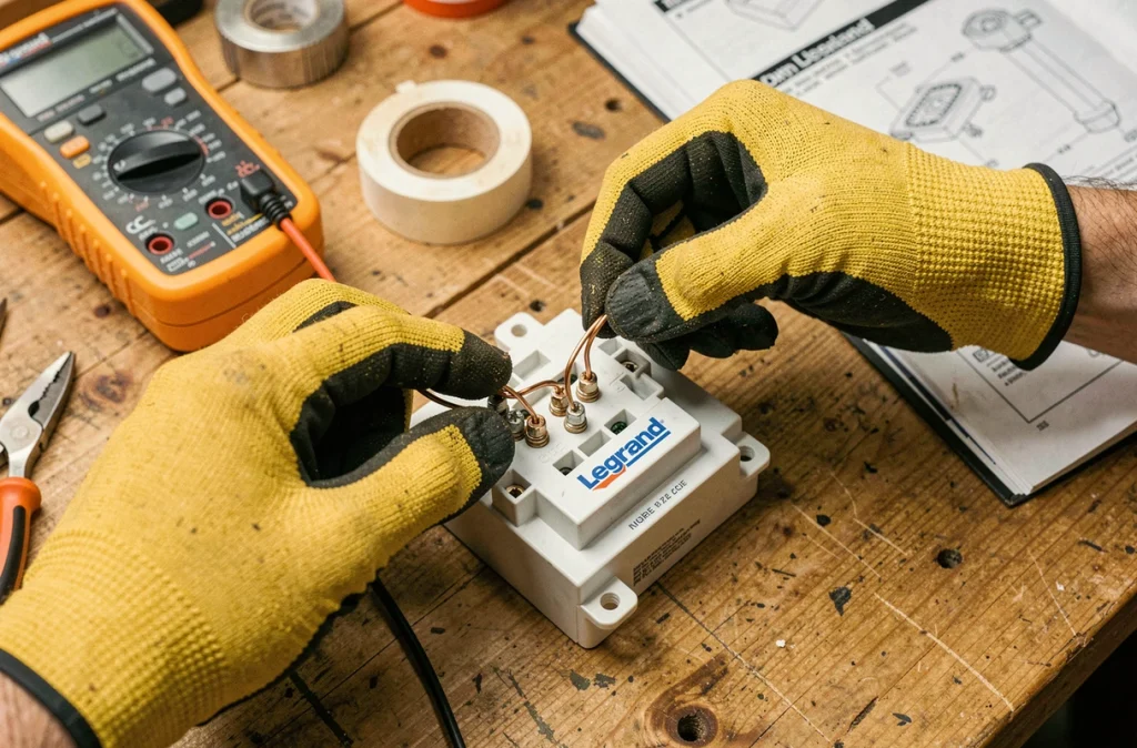 Gros plan sur la connexion de fils électriques dans un bouton poussoir Legrand démonté sur un établi de bricolage