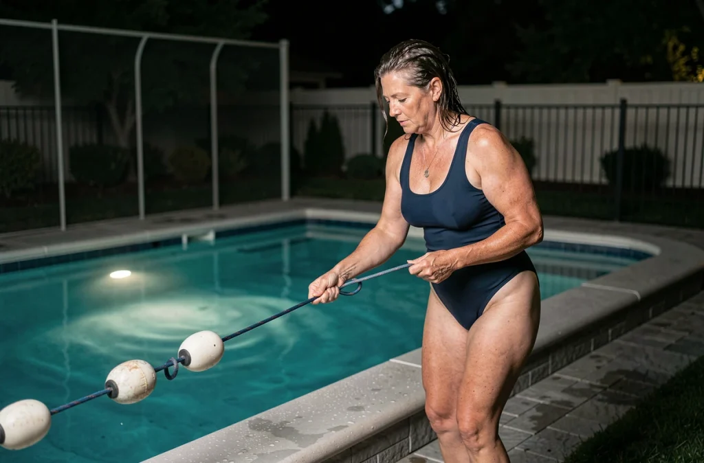 Femme adulte installant une corde de sécurité flottante au bord d'une piscine la nuit pour sécuriser les baignades nocturnes