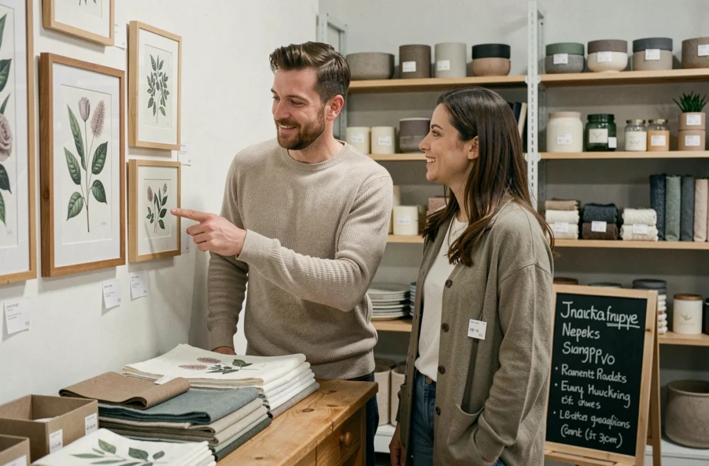 Couple choisissant des objets décoratifs dans une boutique de décoration à Lyon