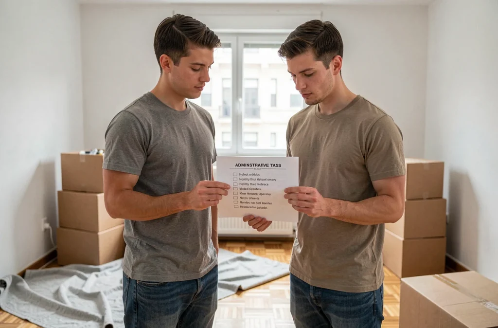 Couple consultant une liste de démarches administratives dont le signalement de changement d'adresse au gestionnaire de réseau lors d'un déménagement