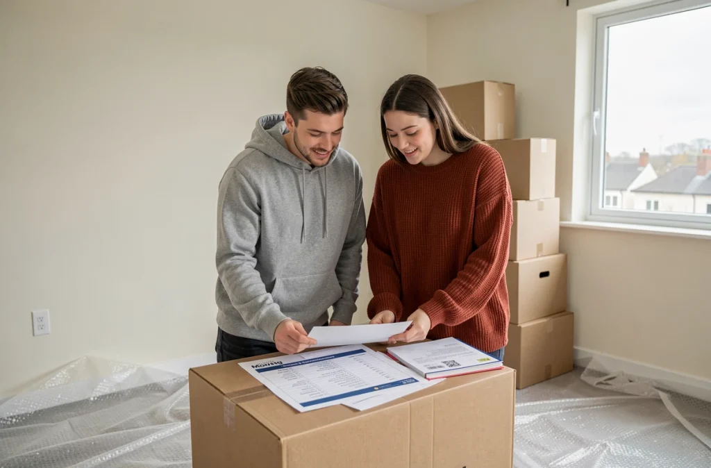 Couple consultant une liste de suivi courrier dans un appartement en cours de déménagement
