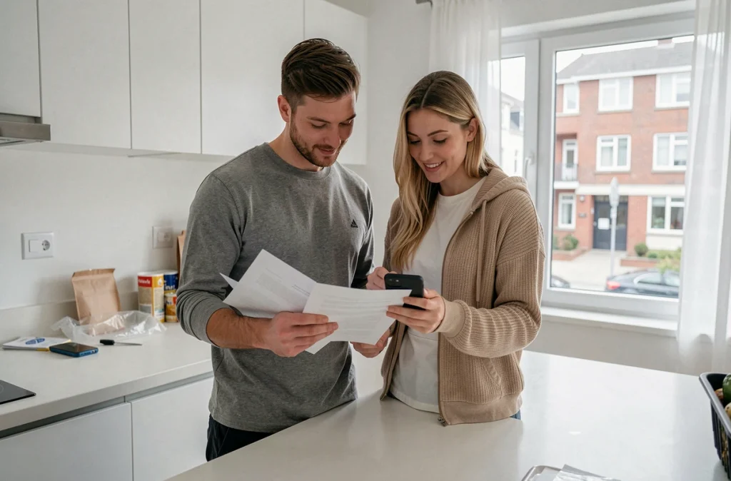 Couple consultant des documents administratifs pour le transfert de leur contrat d'électricité dans un nouvel appartement