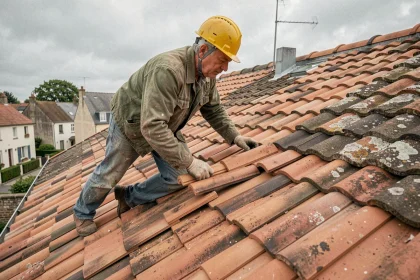 Couvreur posant des tuiles neuves sur une toiture en pente lors d'une rénovation résidentielle