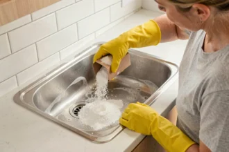 Femme versant du bicarbonate de soude dans un évier de cuisine bouché pour le déboucher naturellement