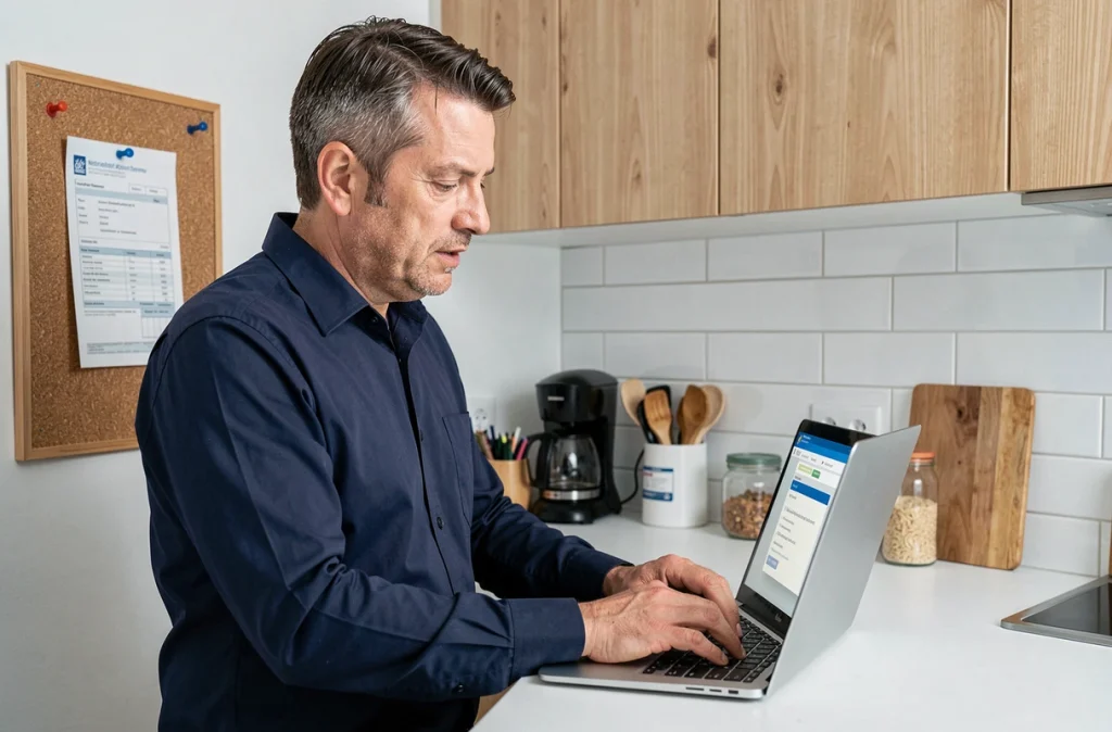 Homme effectuant sa déclaration de changement d'adresse en ligne auprès du gestionnaire de réseau depuis sa cuisine