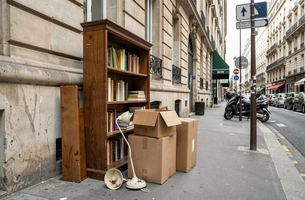 Dépôt sauvage d'encombrants sur un trottoir parisien dans le 15e arrondissement avec vieux meubles et cartons