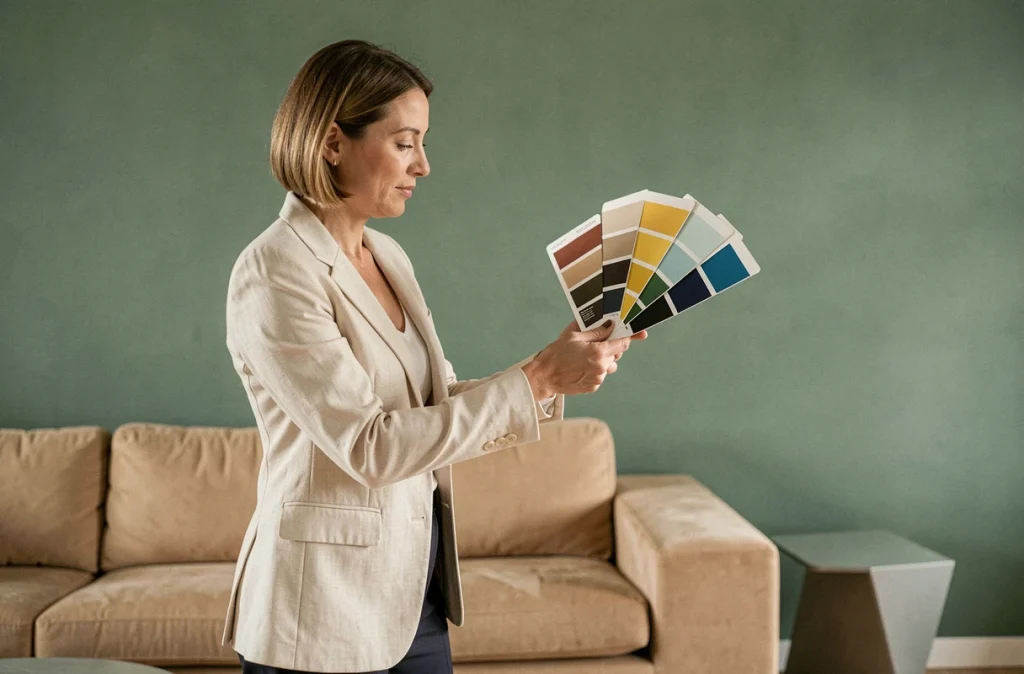 Designer d'intérieur tenant des échantillons de couleurs devant un mur vert sauge dans un salon contemporain