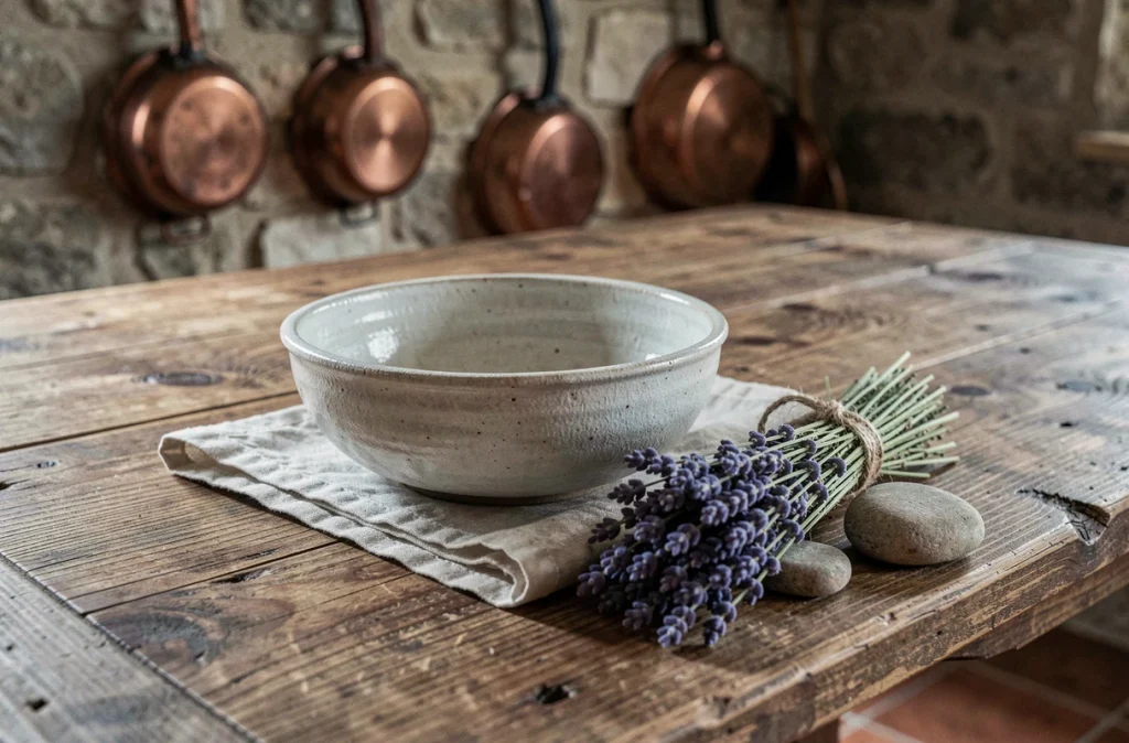 Détail de table en bois avec bol en céramique artisanale, serviette en coton brut et lavande séchée, mettant en valeur les matières naturelles dans une cuisine rustique