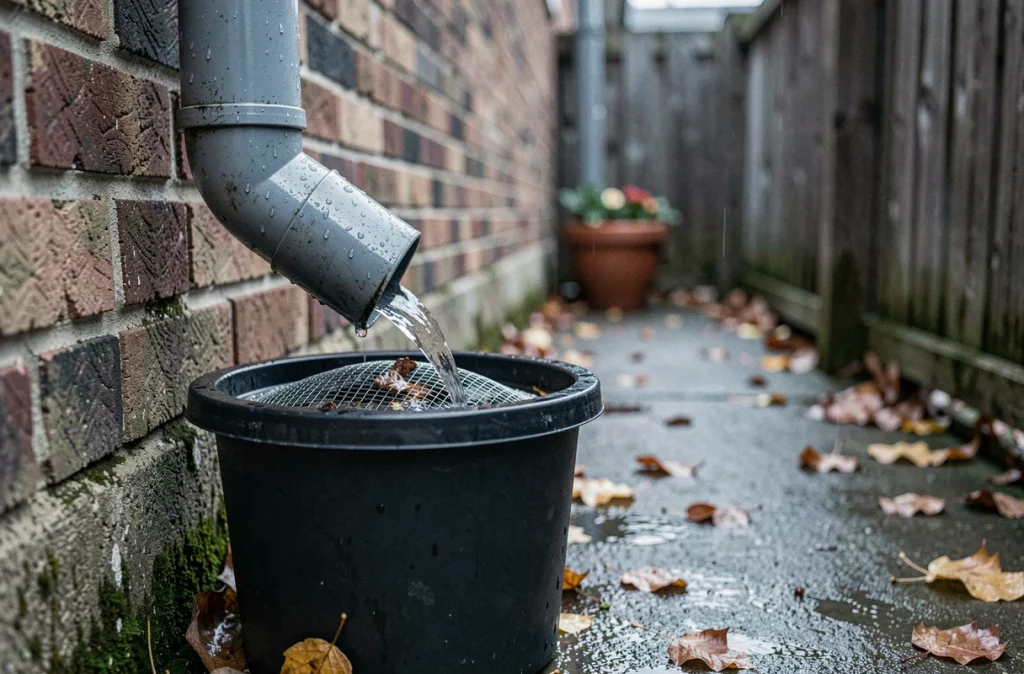 Gros plan sur un récupérateur d'eau de pluie connecté à une gouttière de maison individuelle