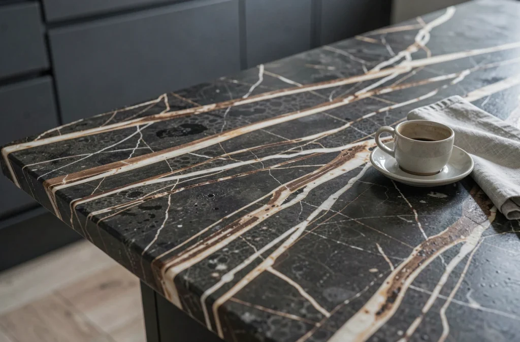 Gros plan sur la surface d'une table en résine imitation marbre Emperador avec veinures brunes et crème réalistes