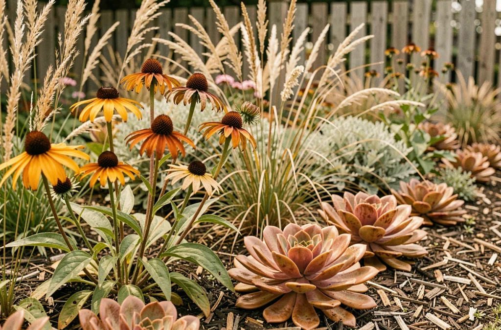 Détail de vivaces en fin d'été avec rudbeckia, graminées et sedum dans un massif naturalisé