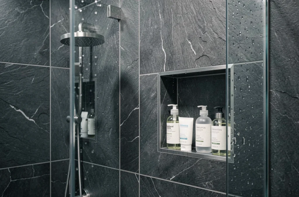 Douche à l'italienne rénovée avec carrelage ardoise, niche encastrée et pomme de douche pluie en nickel brossé